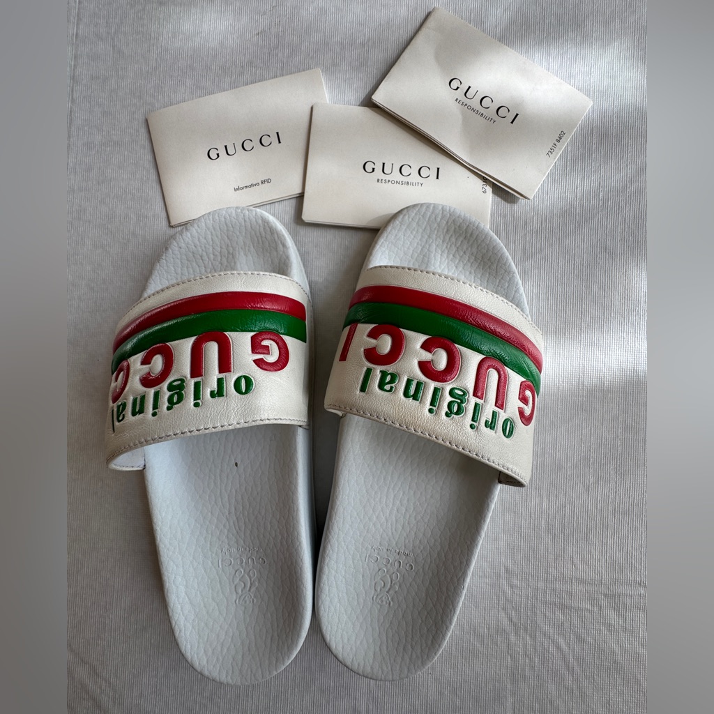 Gucci Kids White Green Red Stripe Original Logo Slides Sandal Size Eu33 Us1.5
